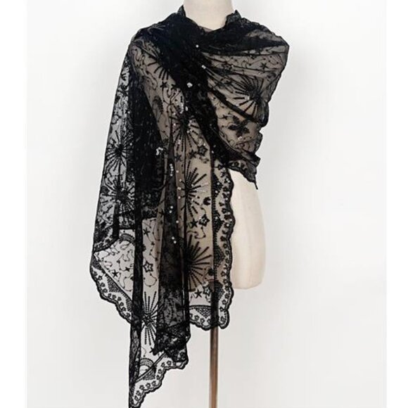 Boho‎ Black Moon & Star Sheer Mesh Sequin Embellished Shawl Wrap Scarf Formal - Picture 2 of 7